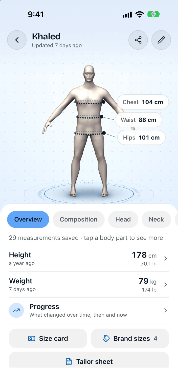 A person’s page: the 3D figure with labelled tapes, and their height, weight, progress, size card, brand sizes and tailor sheet.