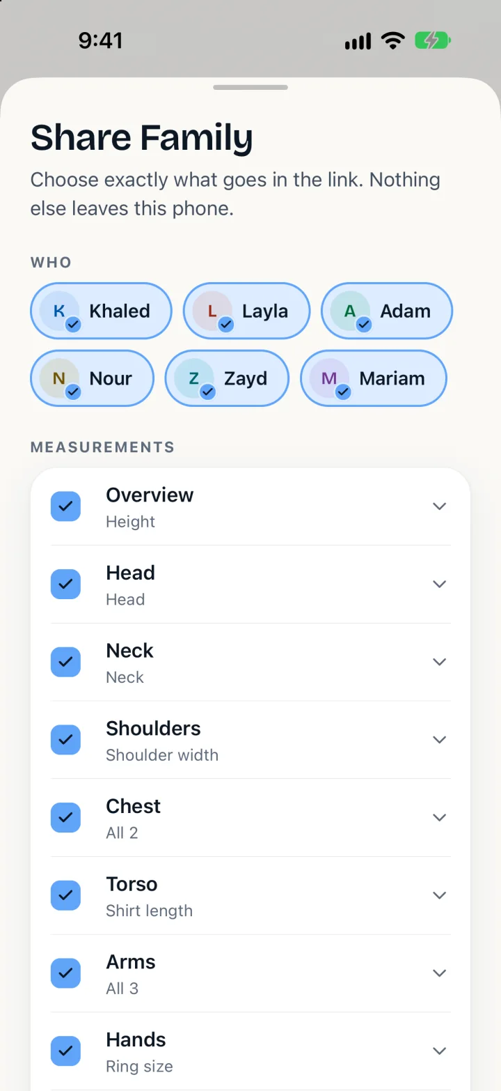 The share sheet: six family members and a list of measurements, each with a tick box.